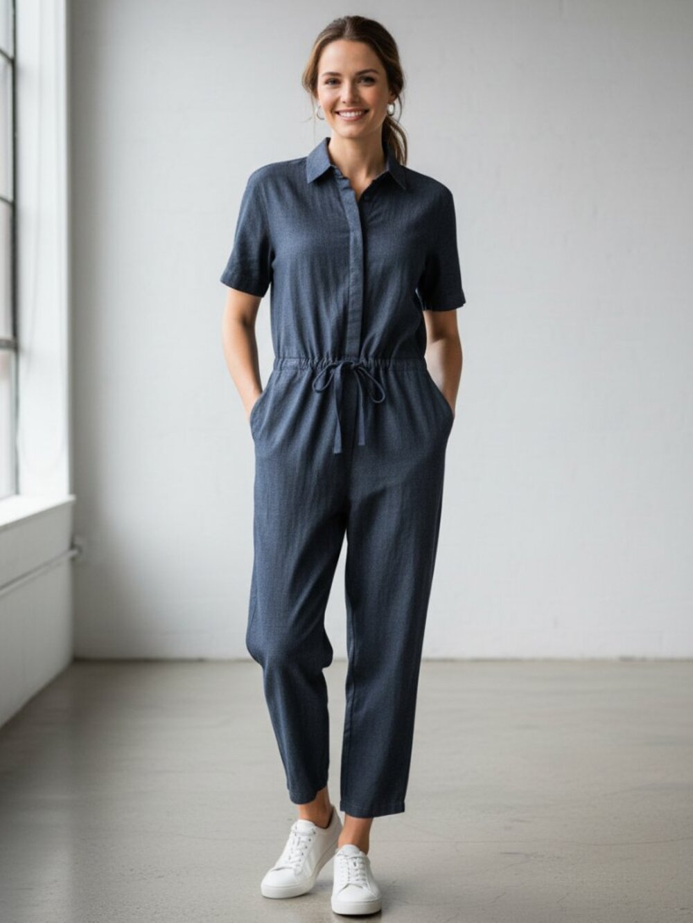 Eileen Fisher Airy Organic Cotton Twill Jumpsuit Blue Medium